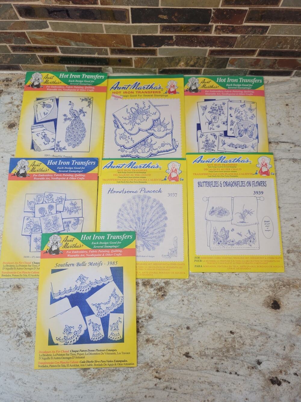 7 Vtg Aunt Martha's Hot Iron Embroidery Transfer Patterns Southern Belle Peacock